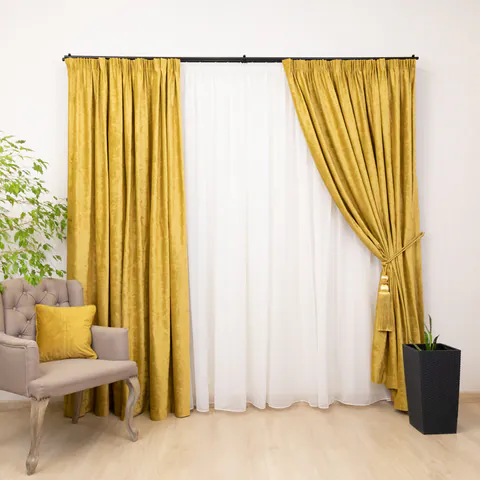 Set 2 draperii catifea imprimata, Hiko Comfy Cloud mustar/auriu, cu rejansa