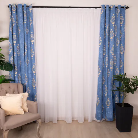 Set 3 piese Hiko, 2 draperii cu inele plastic, Nostalgie Chateau bumbac albastru si o perdea Ana, crep fin, cu rejansa