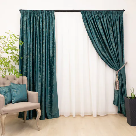 Set 3 piese Hiko, doua draperii catifea imprimata Comfy Cloud Verde si o perdea Ana voal, cu rejansa