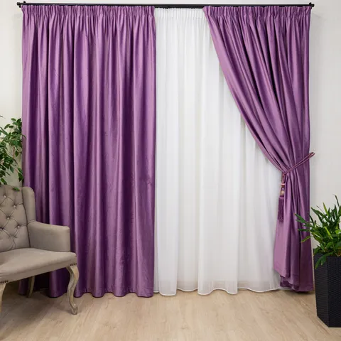 Set 3 piese Hiko, doua draperii COMFY catifea mov si o perdea Ana voal, cu rejansa
