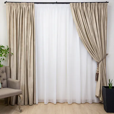 Set 3 piese Hiko, doua draperii Comfy New Imperial catifea imprimata crem/auriu si o perdea Ana voal, cu rejansa