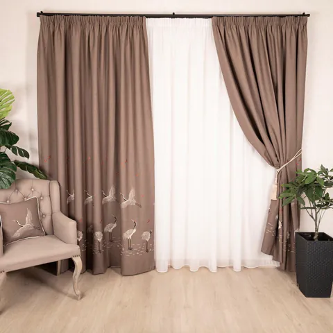 Set 2 draperii maro, Hiko Deluxe Collection, Birds, cu rejansa