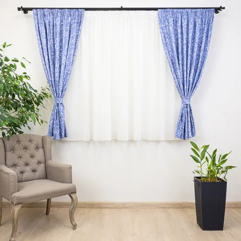 Set 2 draperii scurte din bumbac, Hiko Nostalgie Garden Byzantine, cu rejansa creion de 6,5cm si 2 benzi de prindere