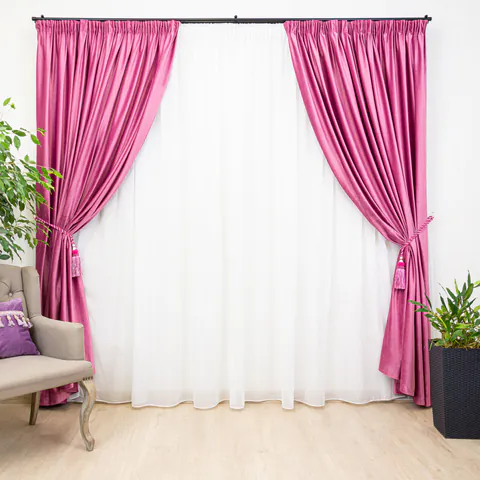 Set 3 piese Hiko, doua draperii Comfy catifea flamingo pink si o perdea Ana voal, cu rejansa
