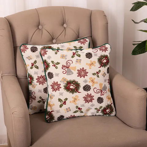 Set 2 perne decorative cu motive Craciun, din tesatura plina cu fata detasabila, Hiko Christmas, cu vipusca din catifea verde