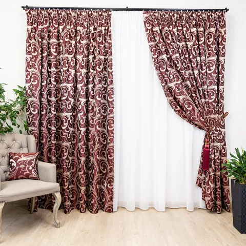 Set 3 piese , doua draperii Hiko Royal Garden rosu bordeaux si o perdea Ana voal alb cu rejansa