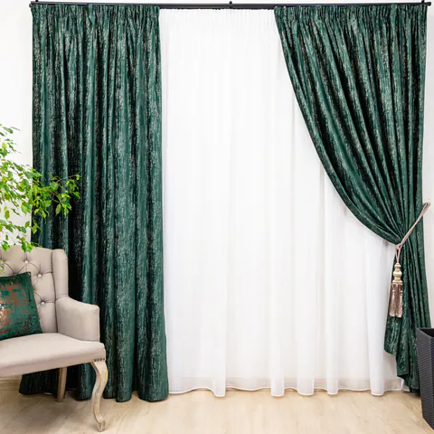 Set 3 piese Hiko, doua draperii Comfy New Imperial catifea imprimata verde intens/gold si o perdea Ana voal, cu rejansa