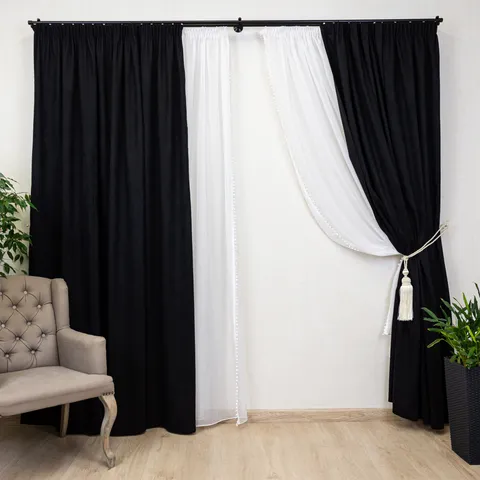 Set 4 piese Hiko, doua draperii COMFY catifea neagra si doua perdele Ana voal alb cu pom pom, cu rejansa