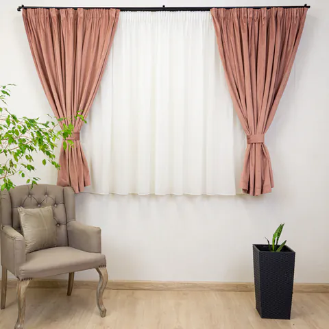 Set 2 draperii scurte cu doua benzi de prindere Hiko COMFY catifea somon, cu rejansa Premium, creion de 6,5cm