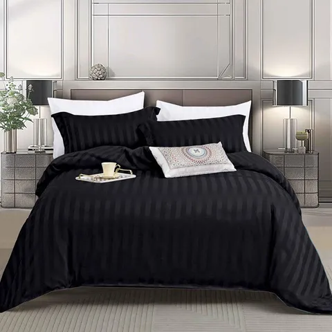 Lenjerie 1 Persoana cu elastic Damasc Stripe Negru 4 Piese (Finet)