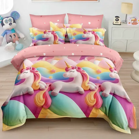 Lenjerie 3D Unicorn curcubeu V1 cu 6 Piese (Finet)