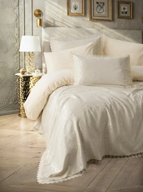 Set Lenjerie si Cuvertura Pique Velora Cappuccino (Bumbac 100%)