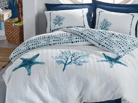 Set Lenjerie si Cuvertura 1 Persoana Star Albastra (Bumbac 100%)