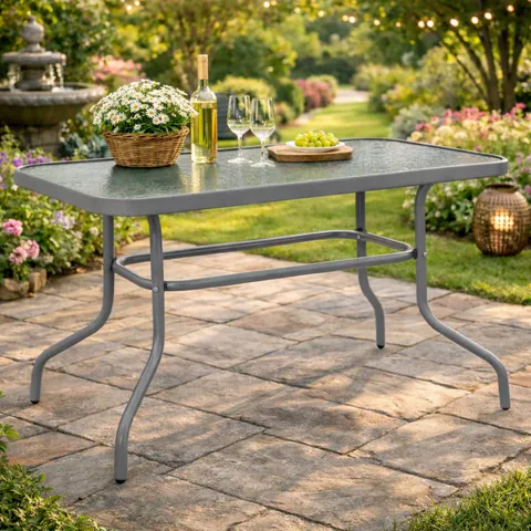 Masă grădină, Pako World, model Valor, metal și sticlă temperată, Gri, 110 x 60 x 70 cm