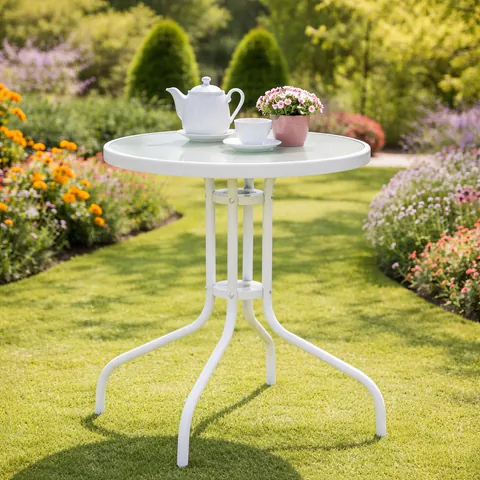 Masa gradina, Pako World, model Watson, structura metal, blat sticla securizata, Alb, Φ60x70cm