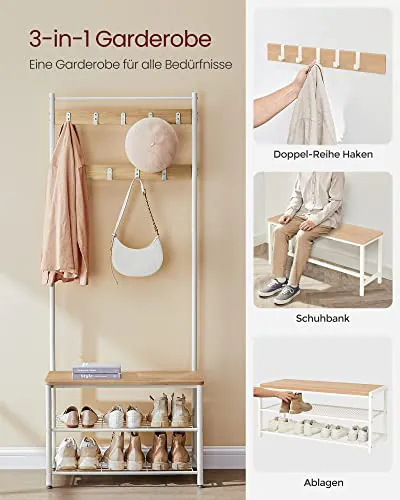 Cuier cu bancuta si suport pantofi Model Hobbs, Alb/Natur, 70×32×175 cm