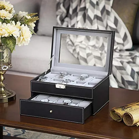 Cutie pentru ceasuri de mana, Songmics, Negru, 28.5x20.5x16 cm