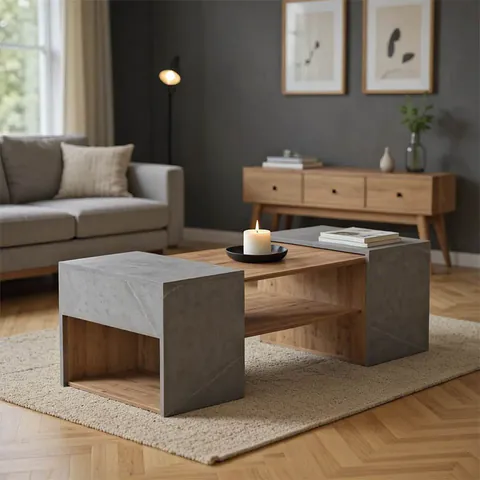 Set de 3 măsuțe de cafea Morfi, stejar/bej marmorat, 105x45x37 cm