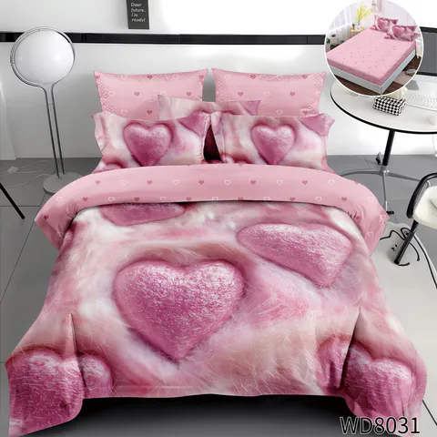 Lenjerie de pat Finet 5D Digital Print cu elastic – 4 piese, Pink Velvet Hearts