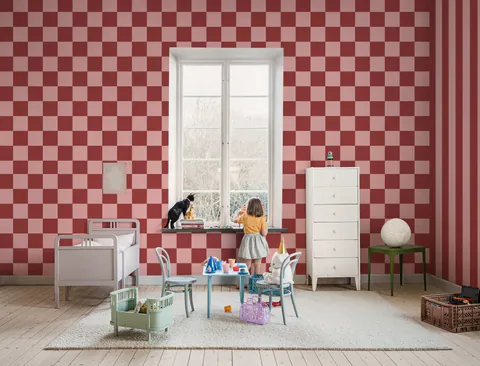 Tapet Happy Squares, Raspberry, Rebel Walls