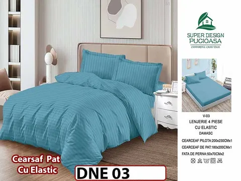 Lenjerie din damasc finet cu 4 piese, cearceaf cu elastic - DNE 03