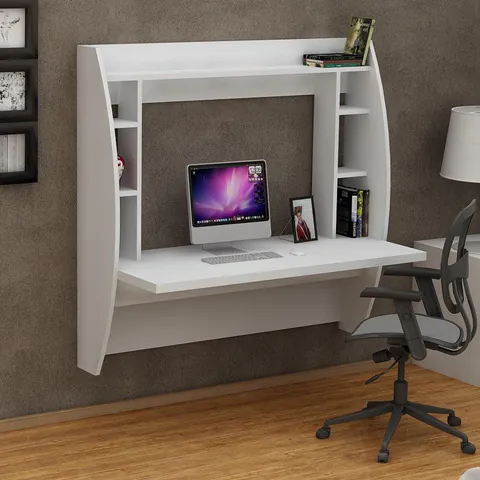 Birou Buglem Elegant cu biblioteca, Alb, 124x120x55 cm