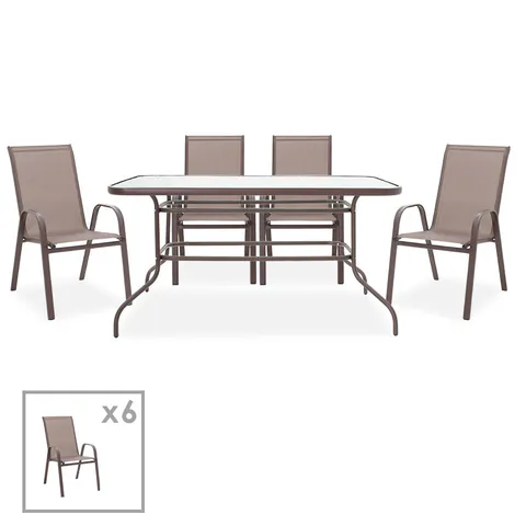 Masa de dining Valor-Calan, set 7 piese, metal-textilen, maro, 140x80x70 cm