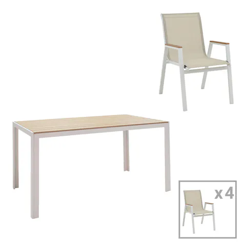 Masa de sufragerie Nares-Azelie Un set de 5 alb aluminiu si placaj, Natural, 140x80x72 cm
