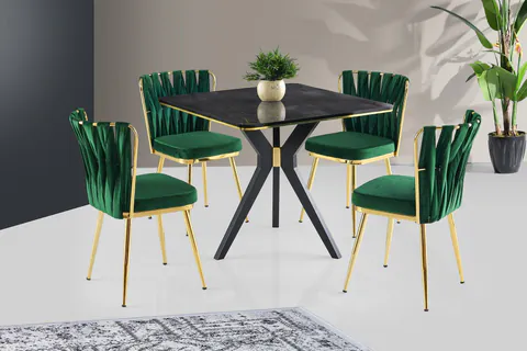 Masă Kare Ares Dining Table, Metalic, Auriu - Negru - Alb, 87x75x87 cm