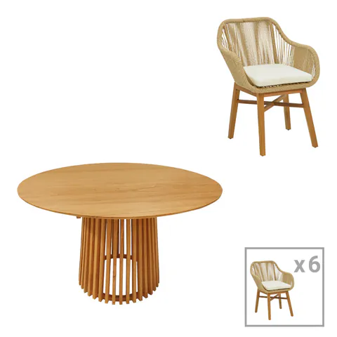 Set de masa Kalie-Kenda 7 piese, Natural, D120x75 cm