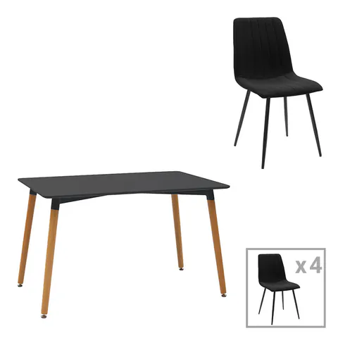Set Mobilier Dining cu Masă și 4 Scaune, Natali-Noor, Negru, Picioare Lemn, 120x80x76 cm