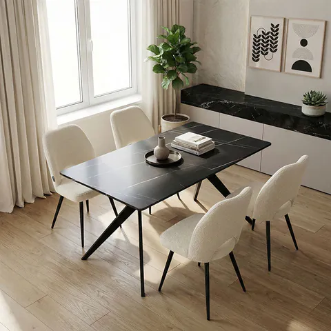 Set Mobilier Dining Renish cu Scaune Albe și Masă Ezali Neagră, Lemn/Metal, 140x80x75 cm