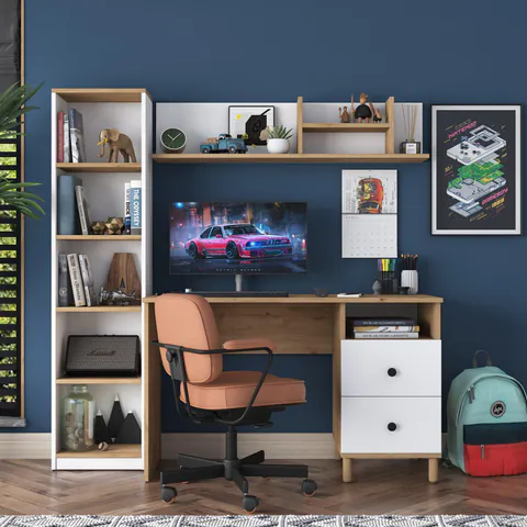 Birou cu Biblioteca Nili 7 rafturi si cu Sertare, Antracit de nuc, Nuc Alb, 160x161x50 cm