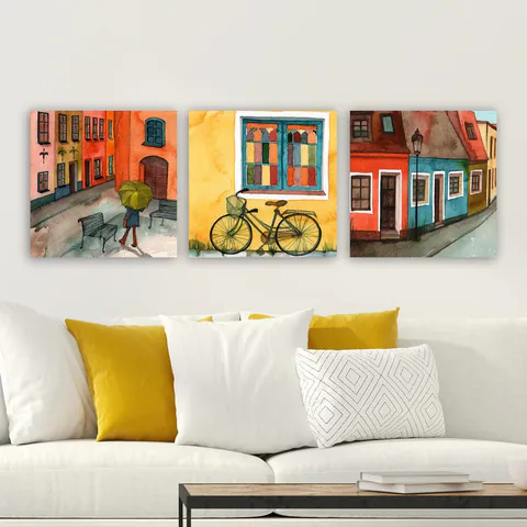 Tablou Canvas Strazi Sighisoara, 3 bucăți, Multicolor, 30x90 cm