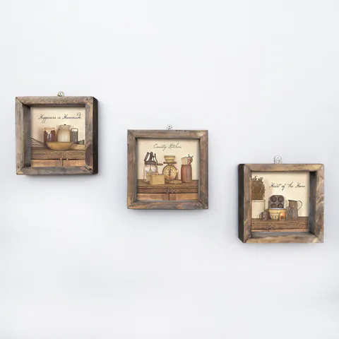 Tablou MDF cu rame Bucatarie Quotes, 3 bucăți, Multicolor, 15x15 cm