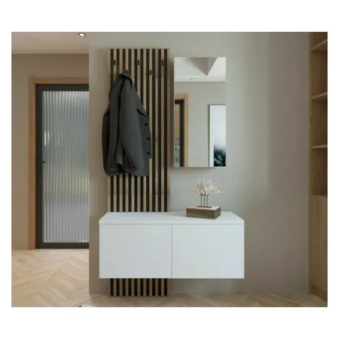 Set Cuier Rebeca, design modern cu riflaj decorativ, spații multiple de depozitare, PAL melaminat, 101x37x200 cm, Alb cu Stejar