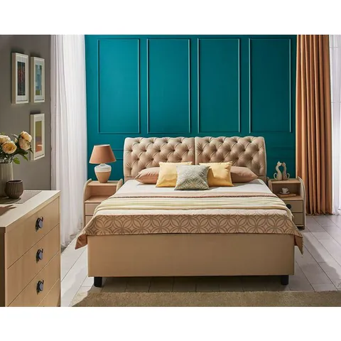Pat Frankfurt, bej - 180x200 cm, cu spătar tapițat, stofă catifelata și ladă depozitare