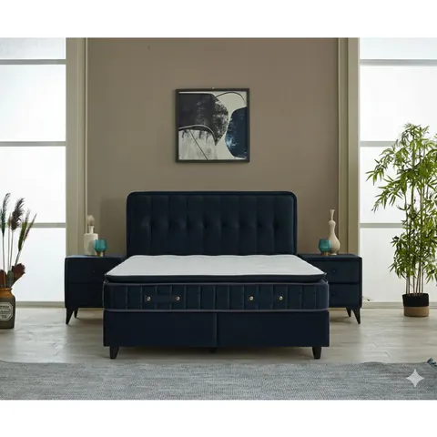 Pat + Saltea gratis Ortaca, dark blue - 160/200 cu somiera rabatabila, lada de depozitare si tesatura premium
