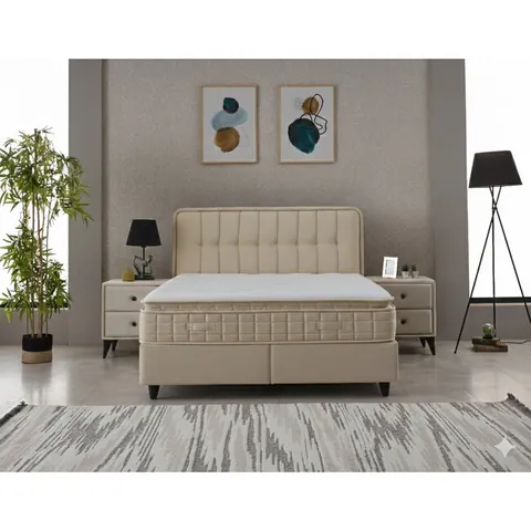 Pat + Saltea gratis Ortaca, crem MK2111 BEIGE- 160/200 cu somiera rabatabila, lada de depozitare si tesatura premium