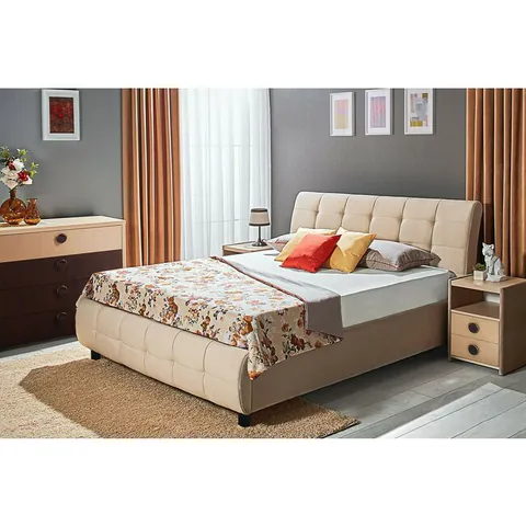 Pat Samba-Bej, 140/200 cm, cu somieră rabatabilă, ladă de depozitare, spătar tapițat cu stofă catifelata