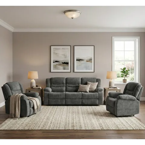 Set canapea recliner Relax 3+1+1, canapea și două fotolii cu funcție de relaxare, tapițerie catifelată, gri