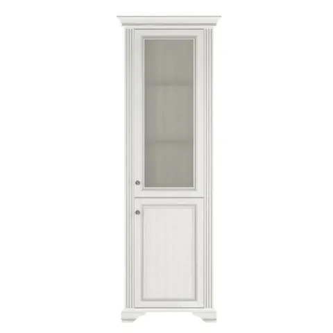 Vitrină White 1D1W, design clasic cu cornisa sculptată, MDF frezat și PAL melaminat, balamale Hafele și mânere metalice, 76x43x221 cm, frasin alb/pin argintiu