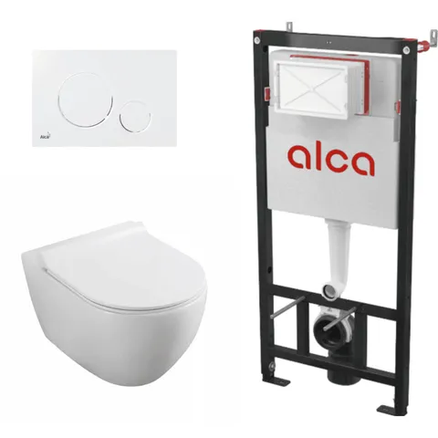 Set complet vas WC suspendat Fluminia, Minerva, Alb, cu rezervor Alca si clapeta alba