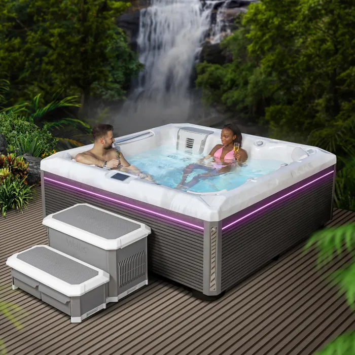 Minipiscina jacuzzi 6 persoane, alb-lucios, 43 jeturi, Infinity jets, LED, 215A 215 cm, Wellis Atlas Life Essential