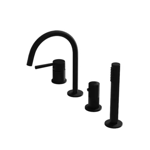 Baterie cada cu montaj pe cada, negru mat, 4 gauri, cu set dus, pipa 20 cm, LaVita Verdi