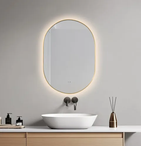 Oglinda baie 60x85 cm, reversibila, cu iluminare LED, rama slim aurie si senzor miscare, Belform Fortuna