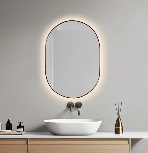 Oglinda baie 60x85 cm, reversibila, cu iluminare LED, rama slim neagra si senzor miscare, Belform Infinity