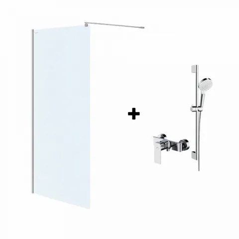 Set paravan dus walk-in 100x200 cm Cersanit Mille, profil crom, cu bara, para dus si furtun, Hansgrohe si baterie dus, culoare crom, Cersanit Suaro