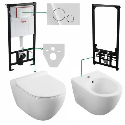 Set vas wc cu capac soft close si cu bideu, rezervor incastrat plus clapeta crom si izolare fonica, Minerva