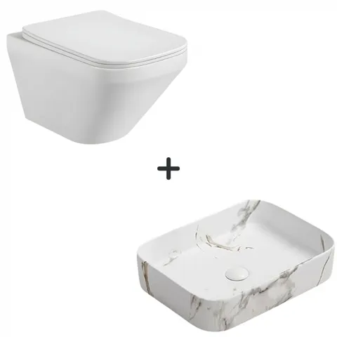 Set vas wc rimless cu capac soft close Bristol plus lavoar baie dreptunghiular cu efect marmura